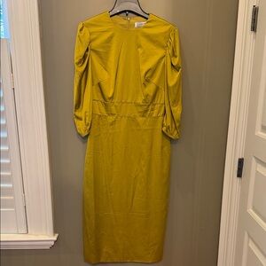 Satin Long Sleeve Midi Dress in Mustard